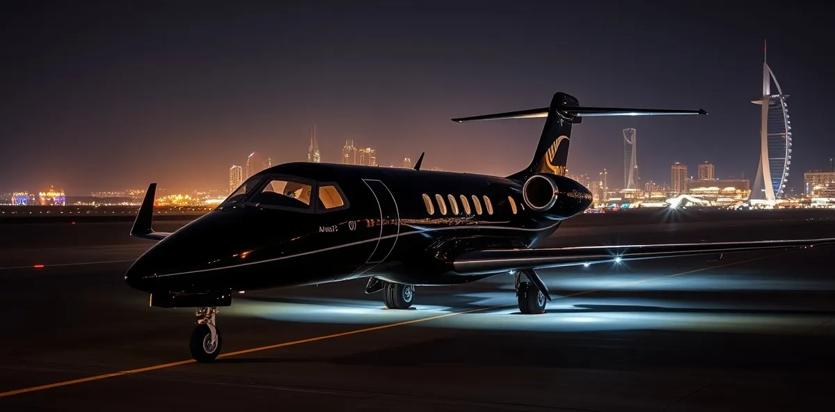 Private jet on runway at night